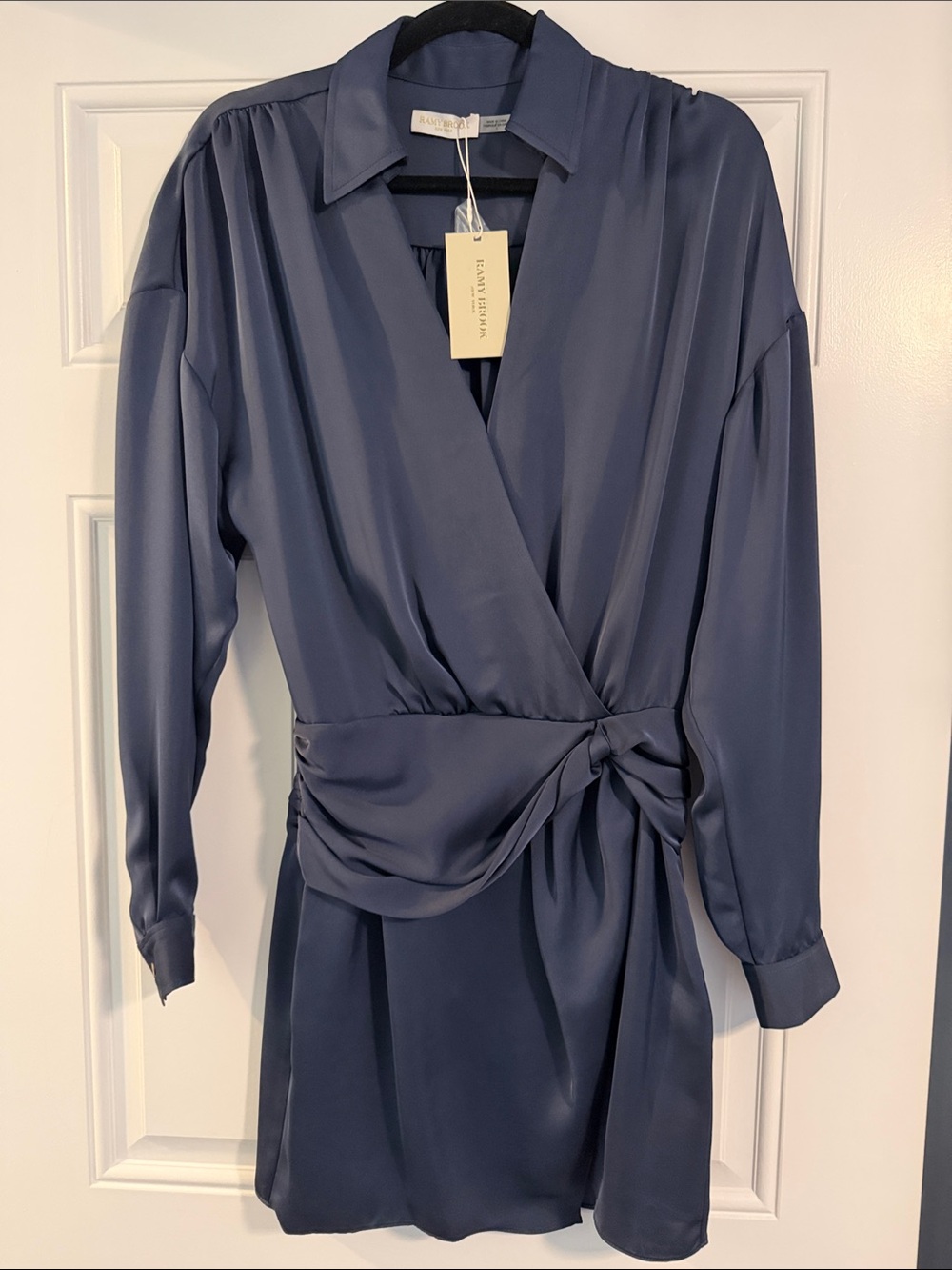 Ramy Brook Slate-Blue Satin Long Sleeve Wrap Mini Dress